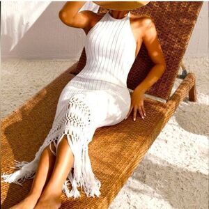 Cupshe Boho Halter Sheer Crocket Lace‎ Fringe Macrame Knitted Beach L RefCPS075